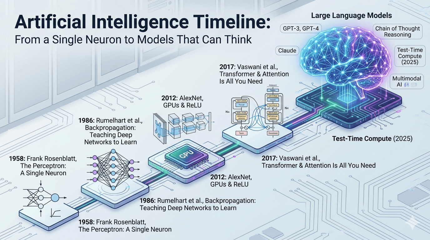 Artificial Intelligence Timeline: From a Single Neuron to Models That Can Think
