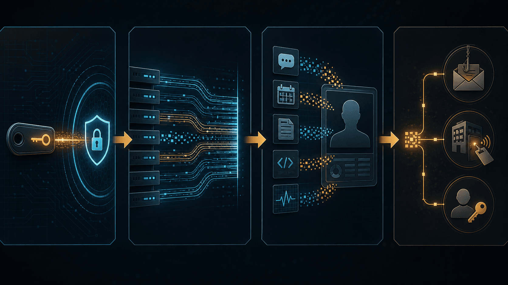 Four-stage attack sequence from access to a reconstructed personal dossier